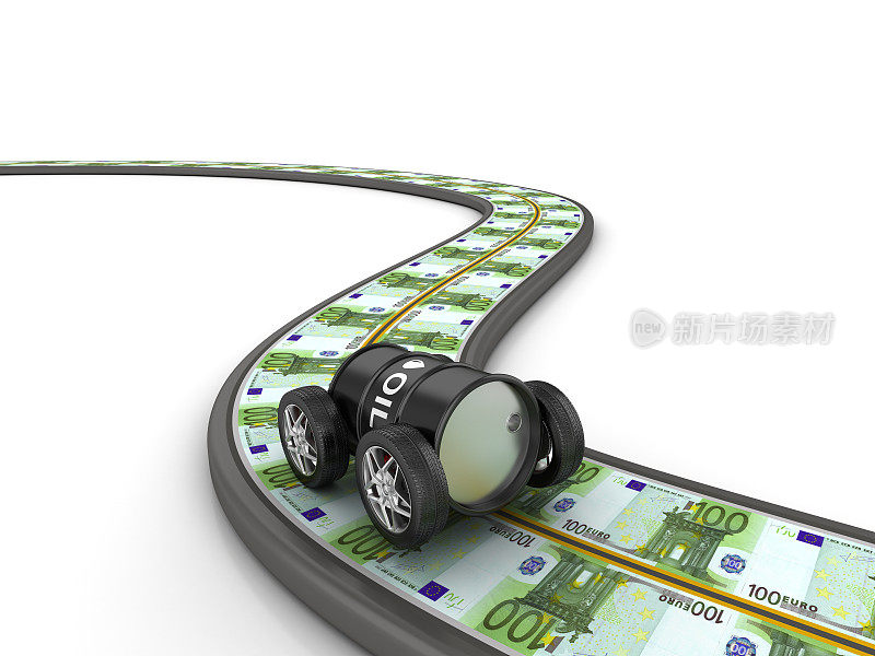 弯弯曲曲的3D道路与欧元钞票和车轮上的油罐- 3D渲染